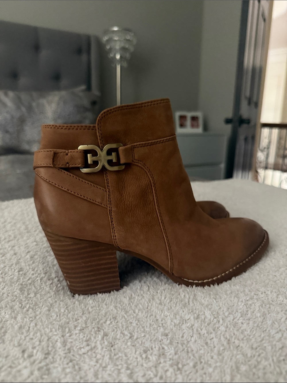 Sam Edelman Cognac Leather Block Heel Ankle Boots